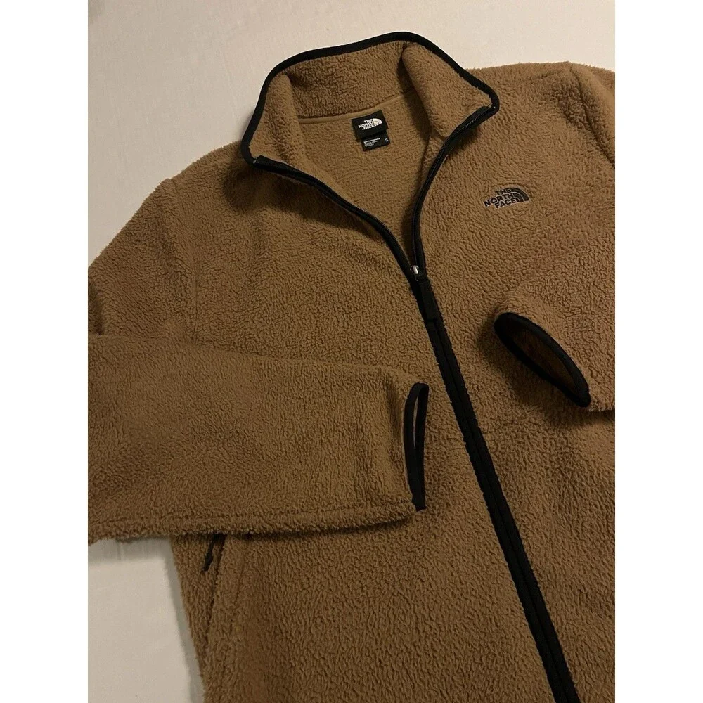 North Face Sherpa Fleece Jacket Full Zip Coat XL Pocket Tan Brown Hiking Outdoor